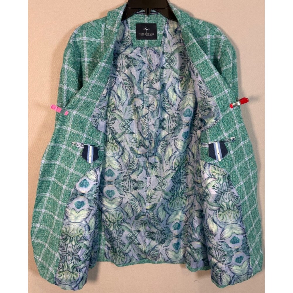 Tailorbyrd Blazer Mens 48L Teal Linen Rayon Windowpane Double Vent Sportscoat - Picture 3 of 14